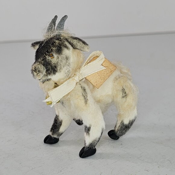 Vintage Articulated Goat Figurine Bow Flower Black White Realistic Mohair Felt - Picture 4 of 8